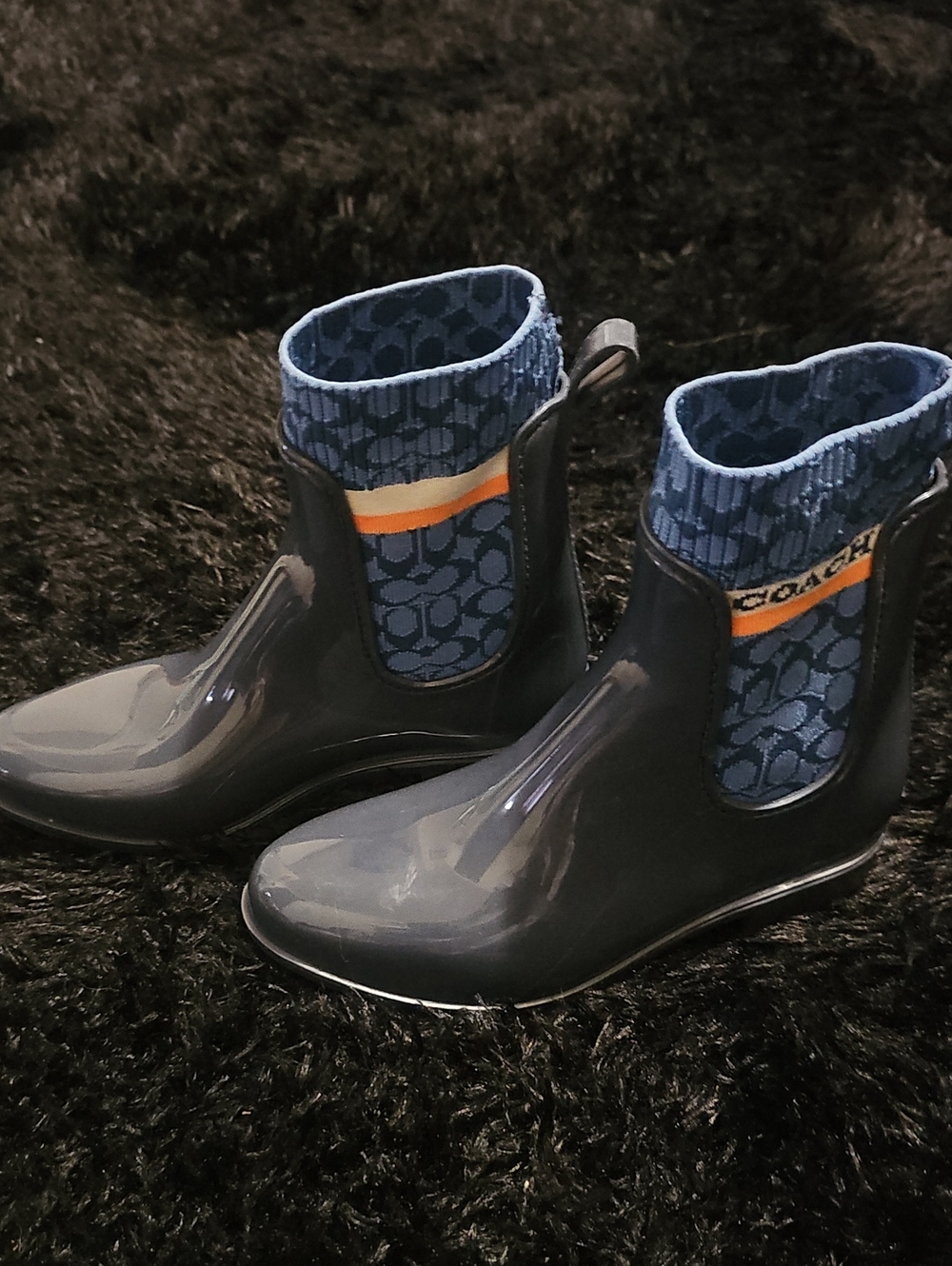 Coach Logo Knit-Top Women Rain Boots with Orange Stripe